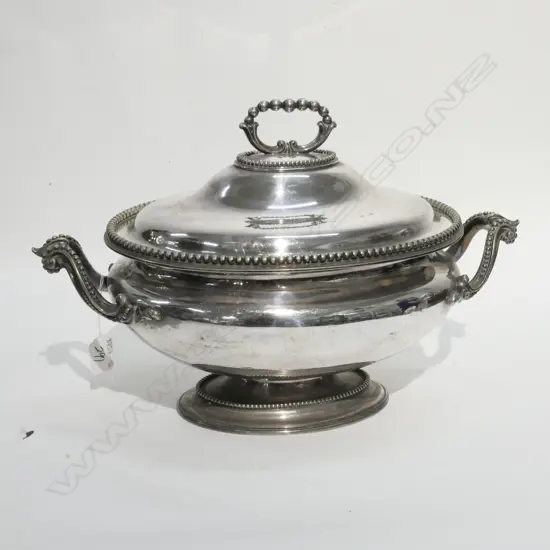 SUBSTANTIAL EARLY EPNS LIDDED TUREEN OF FINE PROPORTIONS WITH HERALDIC CREST