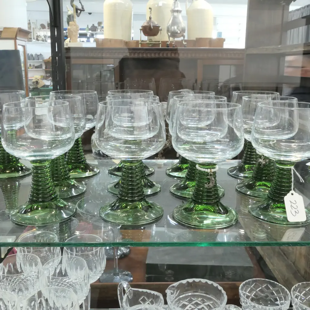 13 LARGE GREEN STEMMED GLASSES Image 1++