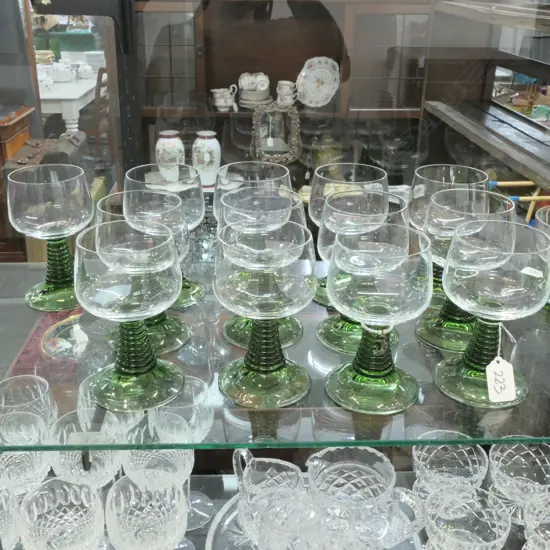 13 LARGE GREEN STEMMED GLASSES