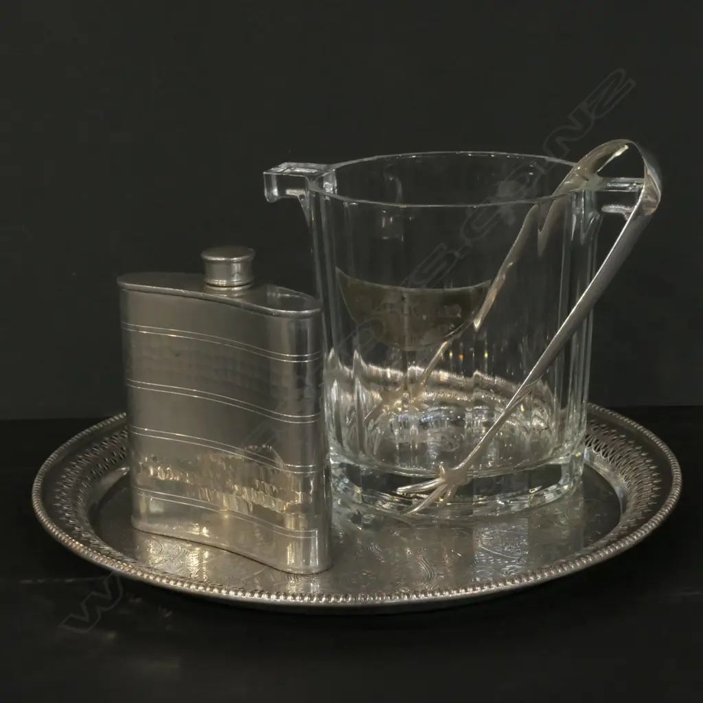 MOET CHANDON CHAMPAGNE BUCKET, EP TONGS, SELMARK PEWTER FLASK & TRAY Image 1++