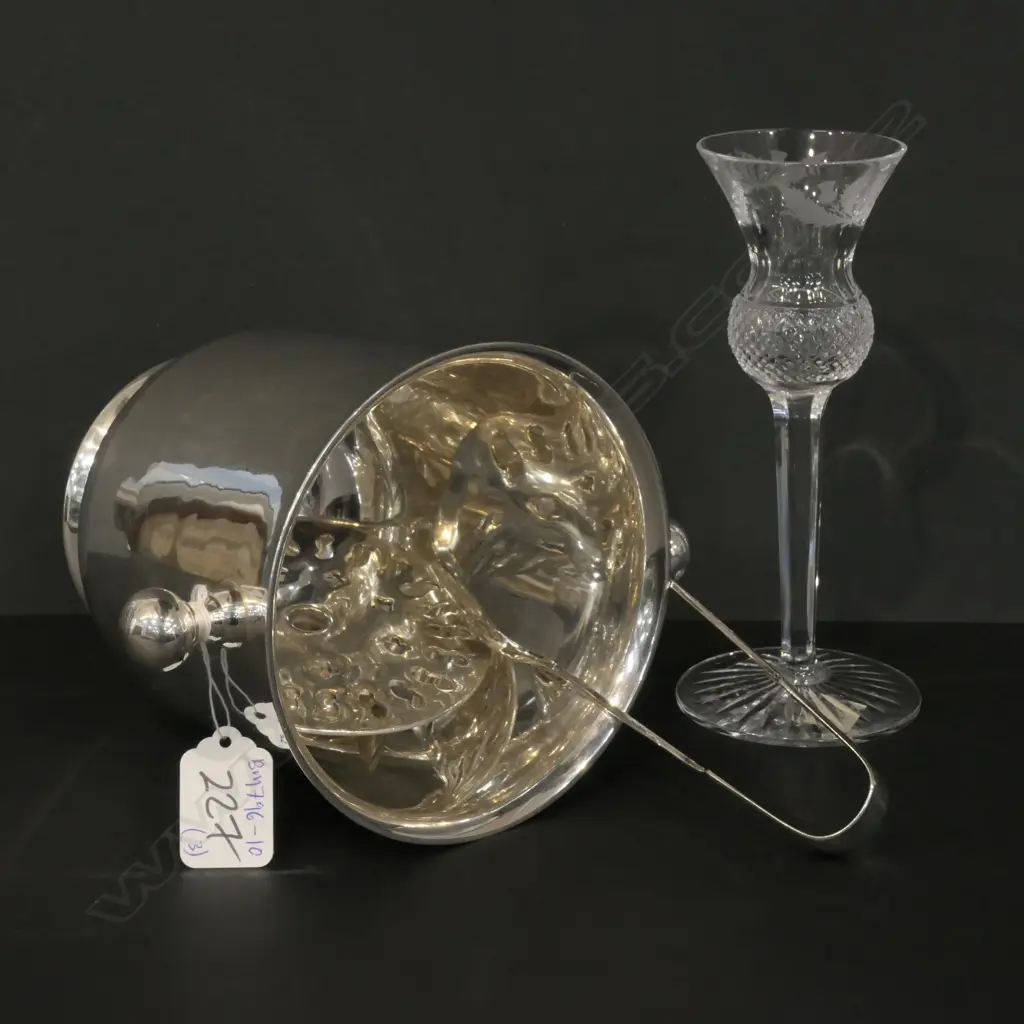 SILVER PLATE CHAMPAGNE BUCKET & TONGS / EDINBURGH CRYSTAL SCOTCH THISTLE WHISKY GLASS H.170mm Image 1++