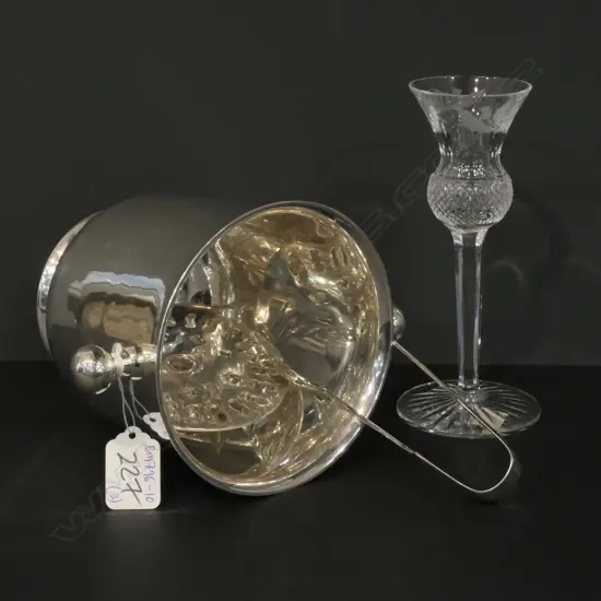 SILVER PLATE CHAMPAGNE BUCKET & TONGS / EDINBURGH CRYSTAL SCOTCH THISTLE WHISKY GLASS H.170mm