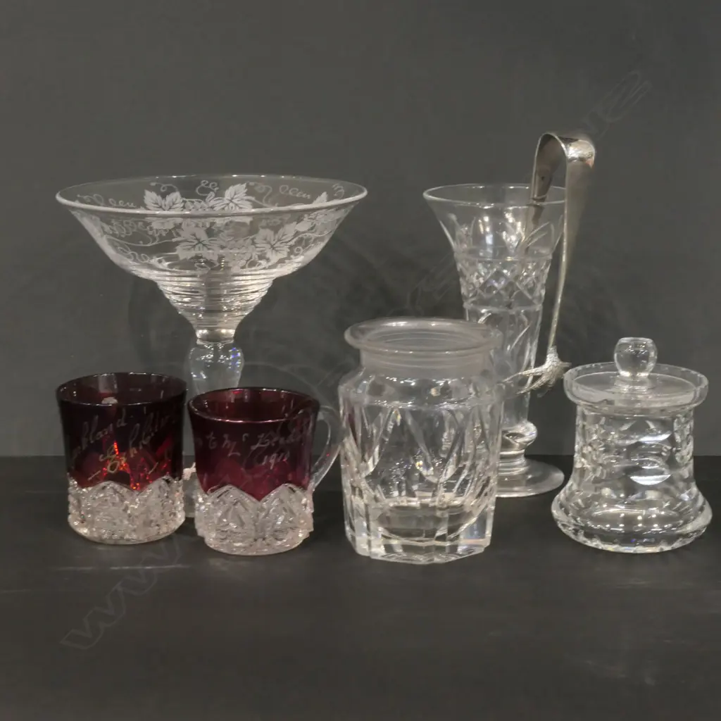 SELECTION OF CRYSTAL INCL. STUART COMPORT, PAIR AUCKLAND EXHIBITION 1914 CUPS, VASE, JAM POTS, EP TONGS Image 1++