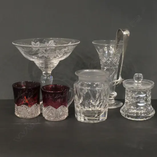 SELECTION OF CRYSTAL INCL. STUART COMPORT, PAIR AUCKLAND EXHIBITION 1914 CUPS, VASE, JAM POTS, EP TONGS