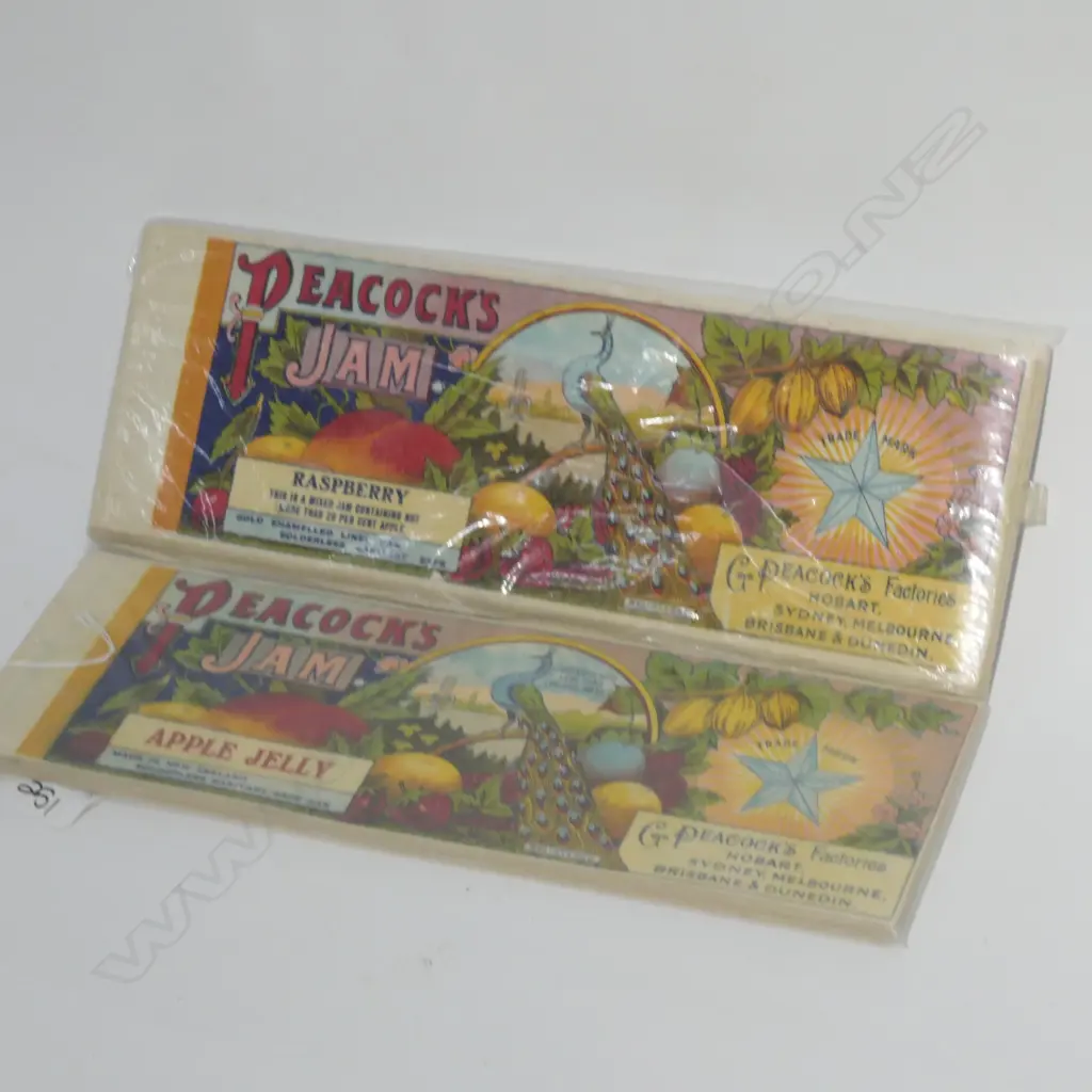 PEACOCK'S & IRVINES CAN LABELS 'RASPBERRY', 'APPLE JELLY', 'APRICOT' & PLUM PUDDING (APPROX 100) Image 1++