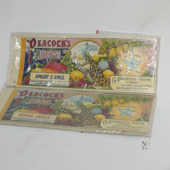 PEACOCK'S JAM CAN LABELS 'BLACKCURRANT', 'PLUM', 'APPLE JELLY' & 'APRICOT & APPLE' (APPROX 100)