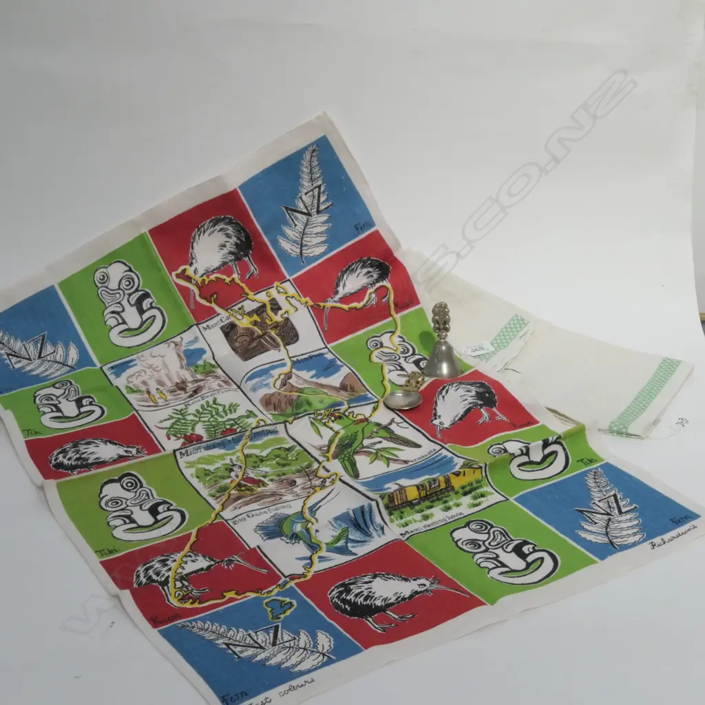 2 VINTAGE NZ TEA TOWELS WITH A TIKI BELL + CADDY SPOON Image 1++