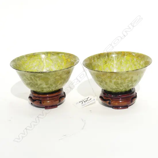 2 SPINACH JADE BOWLS ON STANDS
