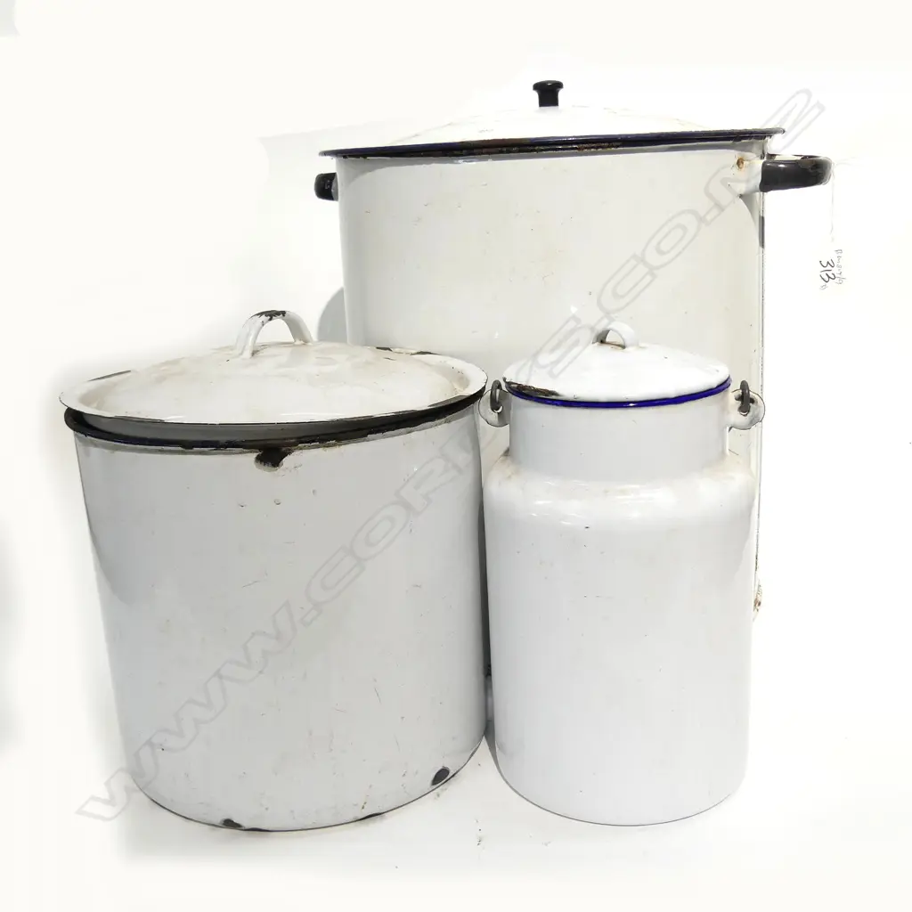 2 ENAMEL BINS + MILK CAN Image 1++