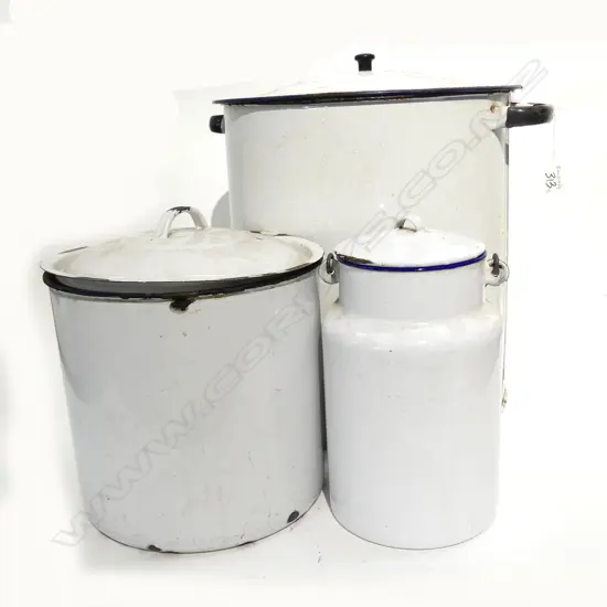 2 ENAMEL BINS + MILK CAN