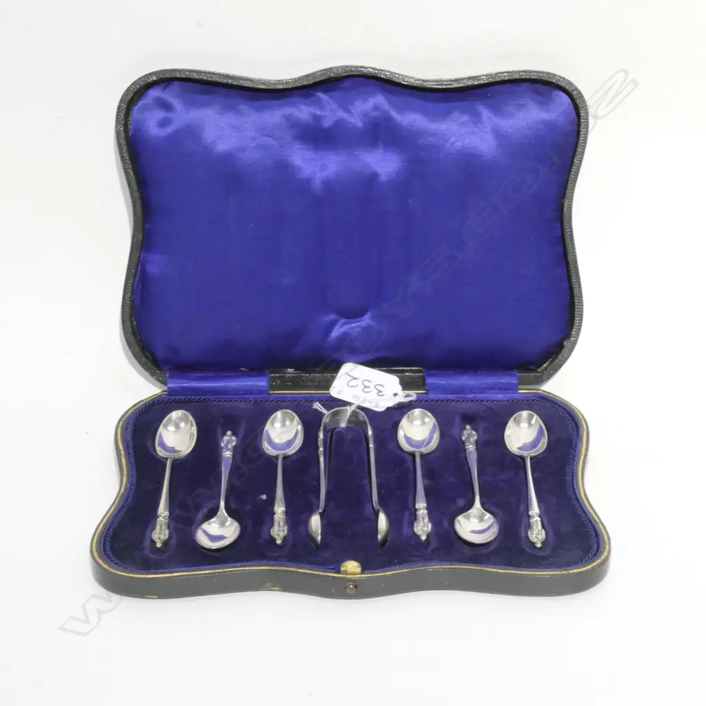 CASED SET SILVER PLATED APOSTLE COFFEE SPOONS & SUGAR TONGS Image 1++
