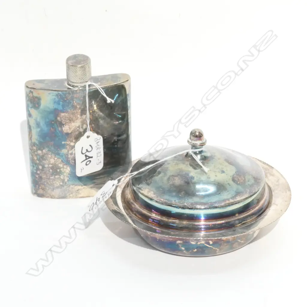 SILVER PLATE BUTTER DISH AND HIP FLASK Image 1++