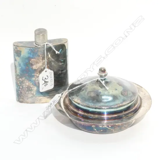 SILVER PLATE BUTTER DISH AND HIP FLASK