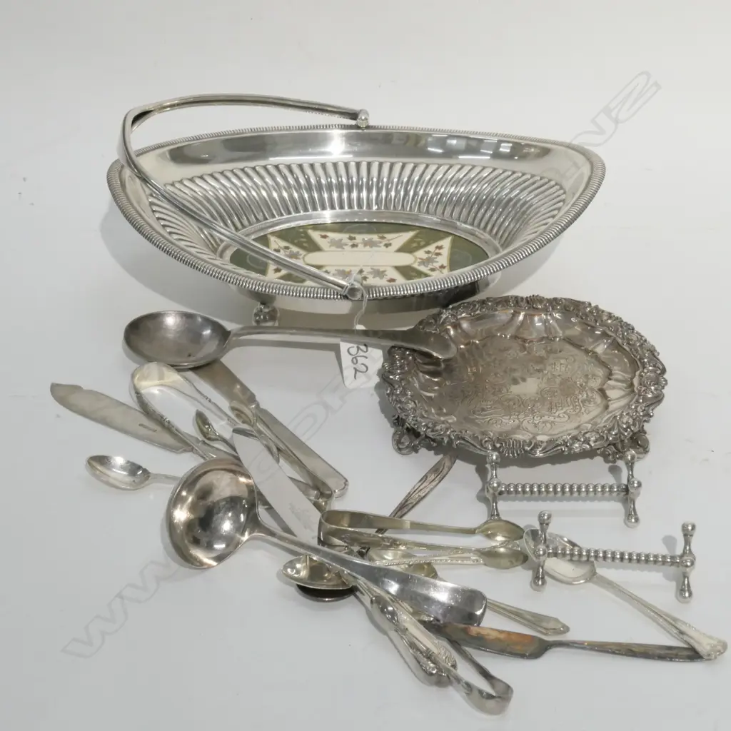 SMALL SHEFFIELD PLATE TRAY/ASST CUTLERY AND EP BASKET Image 1++