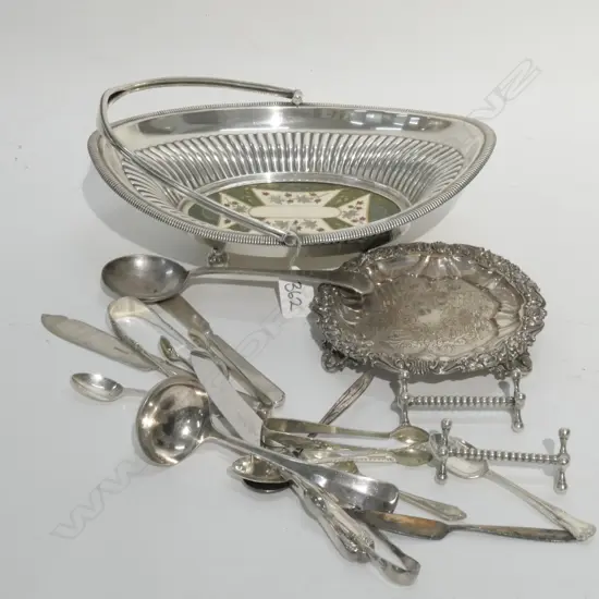 SMALL SHEFFIELD PLATE TRAY/ASST CUTLERY AND EP BASKET
