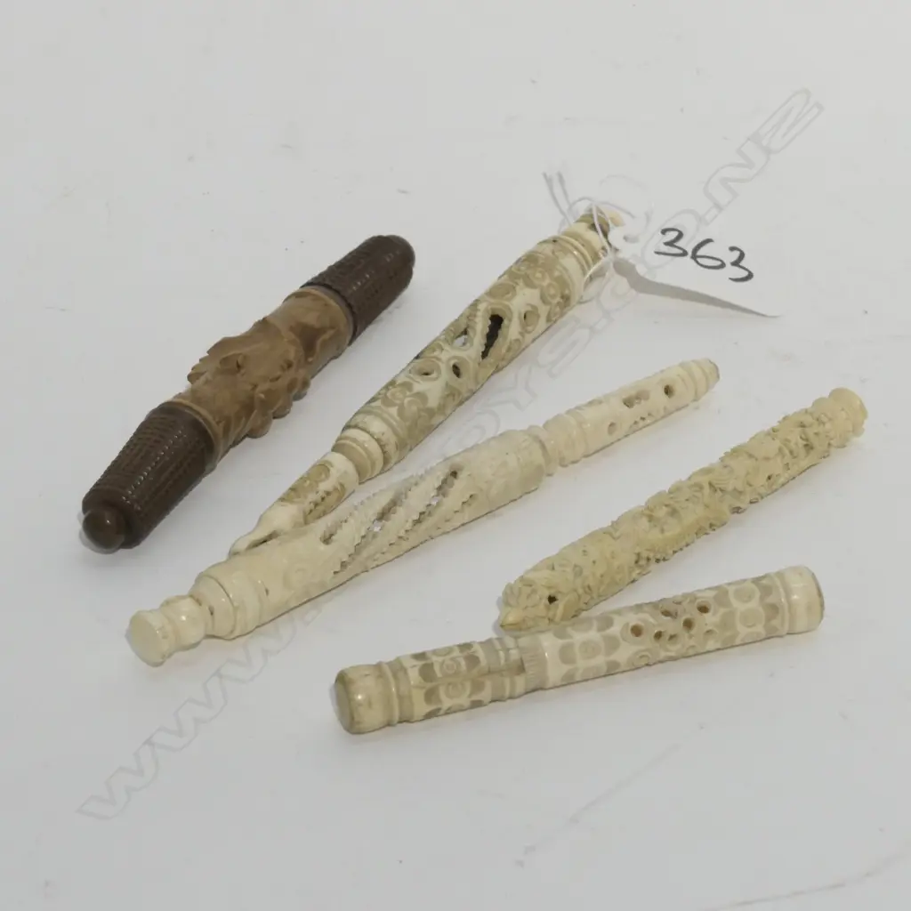 5 ANTIQUE BONE/IVORY/WOOD CARVED NEEDLE CASES Image 1++