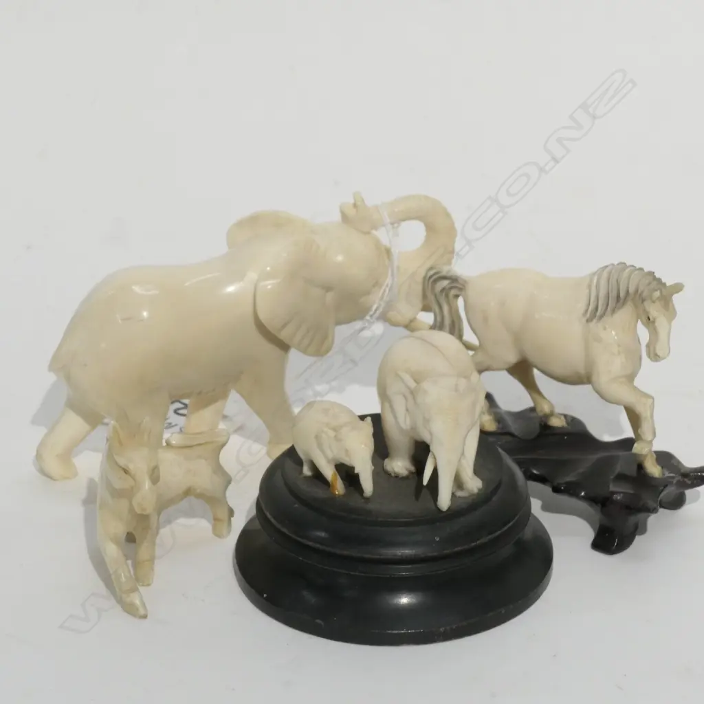 5 CARVED IVORY ANIMALS: 3 ELEPHANTS 2 HORSES Image 1++