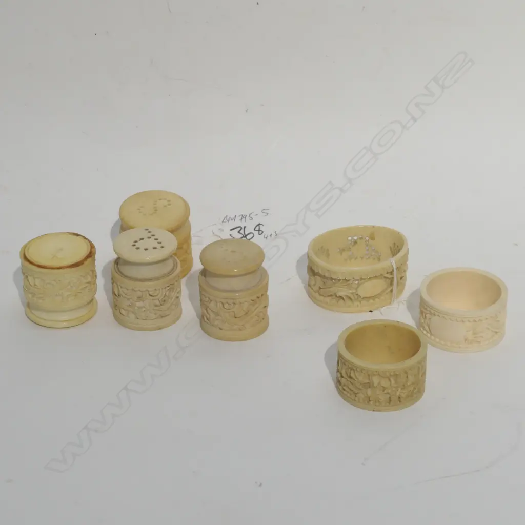 CHINESE FINELY CARVED IVORY 4 CONDIMENTS 3 SERVIETTE RINGS Image 1++