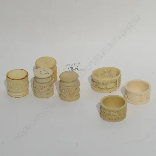 CHINESE FINELY CARVED IVORY 4 CONDIMENTS 3 SERVIETTE RINGS
