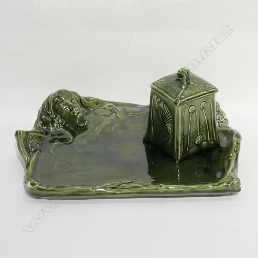 FRENCH MAJOLICA GREEN GLAZED FIGURATIVE TRAY (W. 320) + SUGAR BOX Image 1++