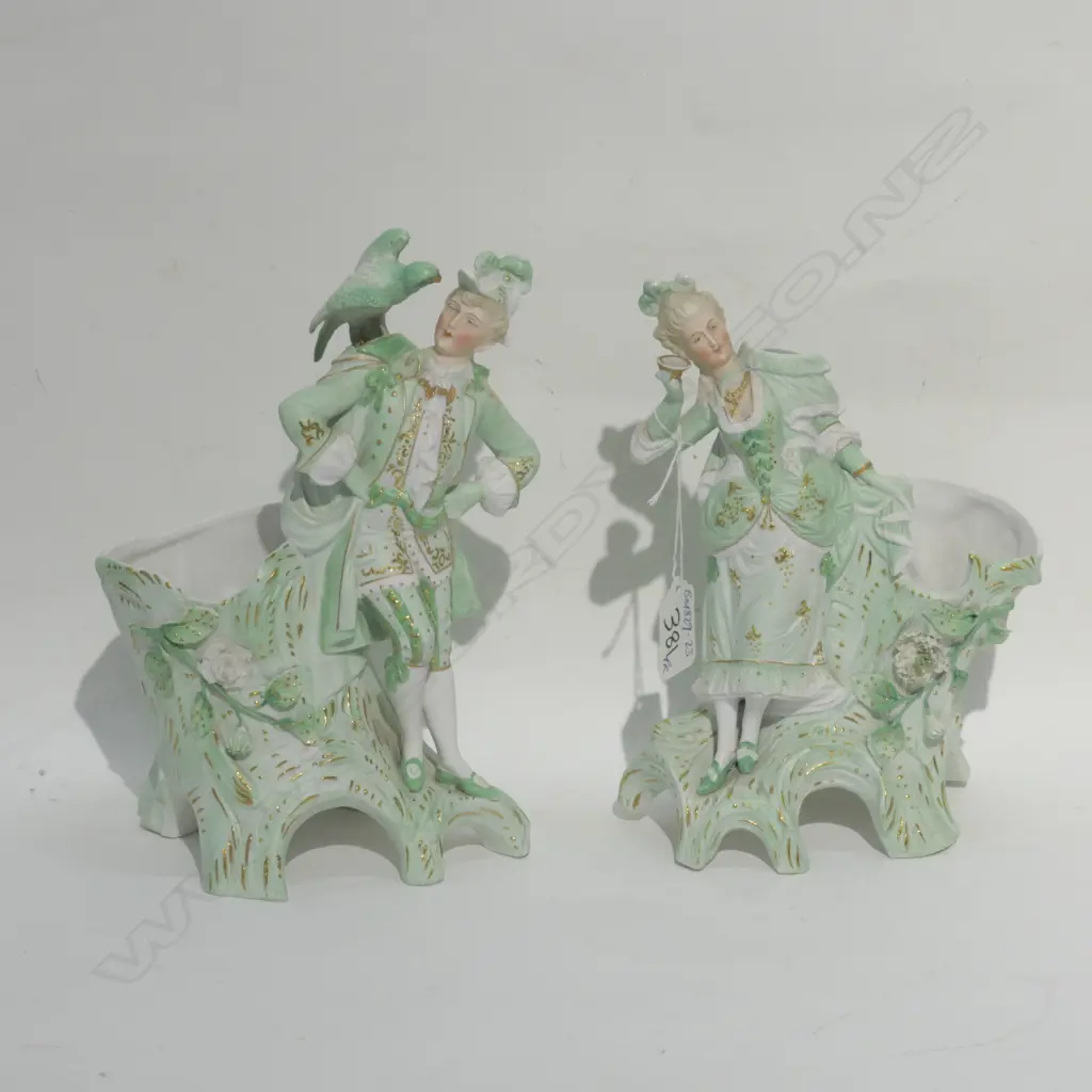 PR EARLY 20THC BISQUE FIGURED VASES GREEN & GILT Image 1++