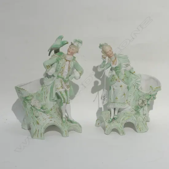 PR EARLY 20THC BISQUE FIGURED VASES GREEN & GILT