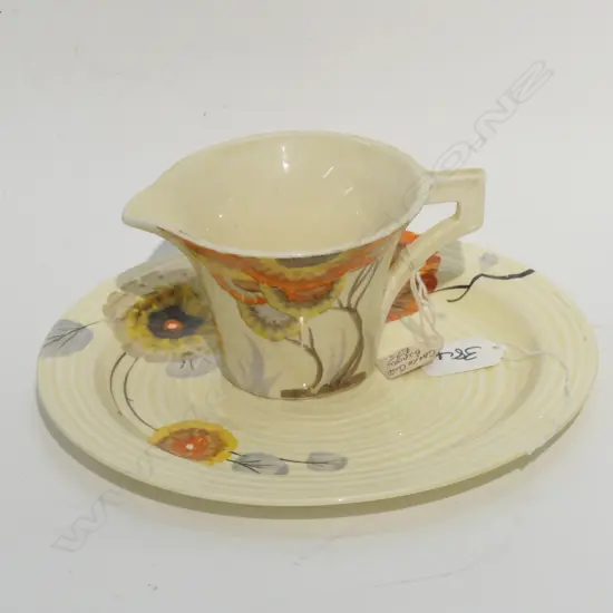 CLARICE CLIFF BIZARRE RHODANTHE PLATE AND JUG DIA 220 MM