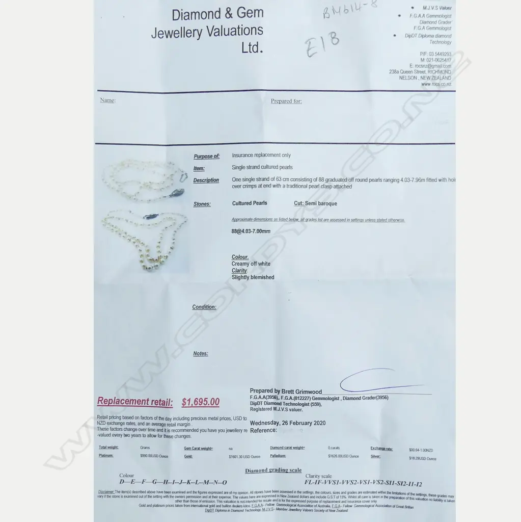 CULTURED PEARL NECKLACE REPLACEMENT VALUATION $1695 (E18) Image 1++