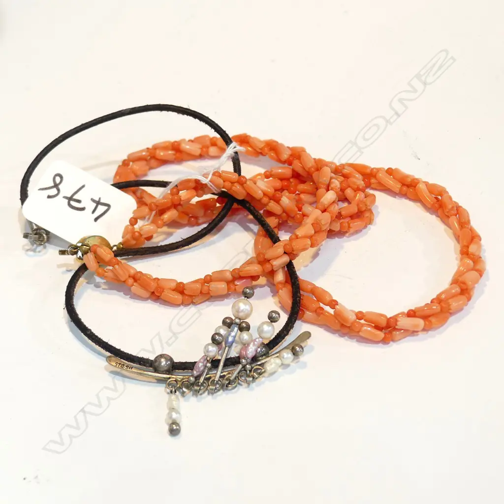 CORAL NECKLACE SILVER AND PEARL NECKLET Image 1++