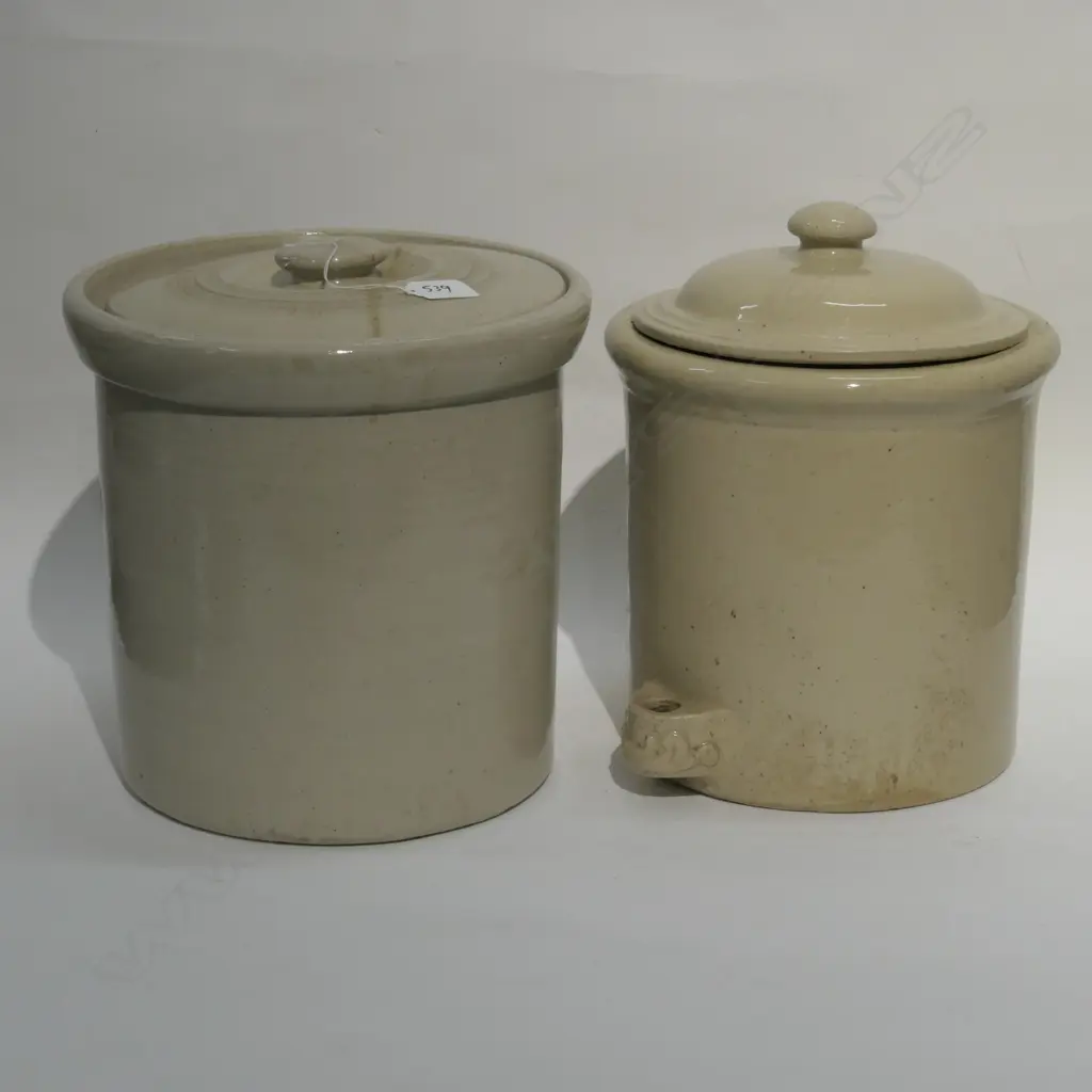 2 LIDDED STONE CROCKS A/F H 300 MM Image 1++