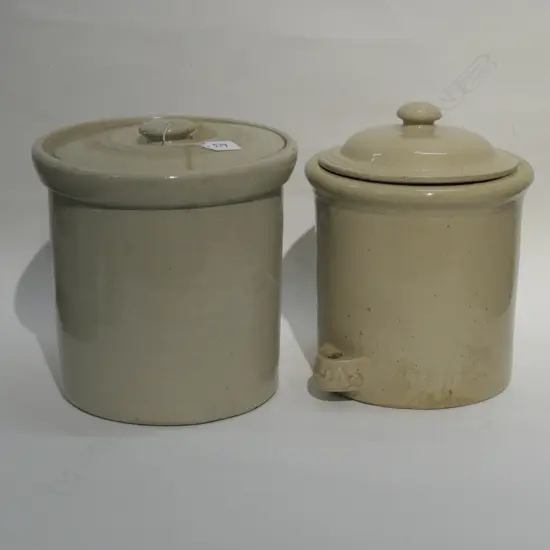 2 LIDDED STONE CROCKS A/F H 300 MM