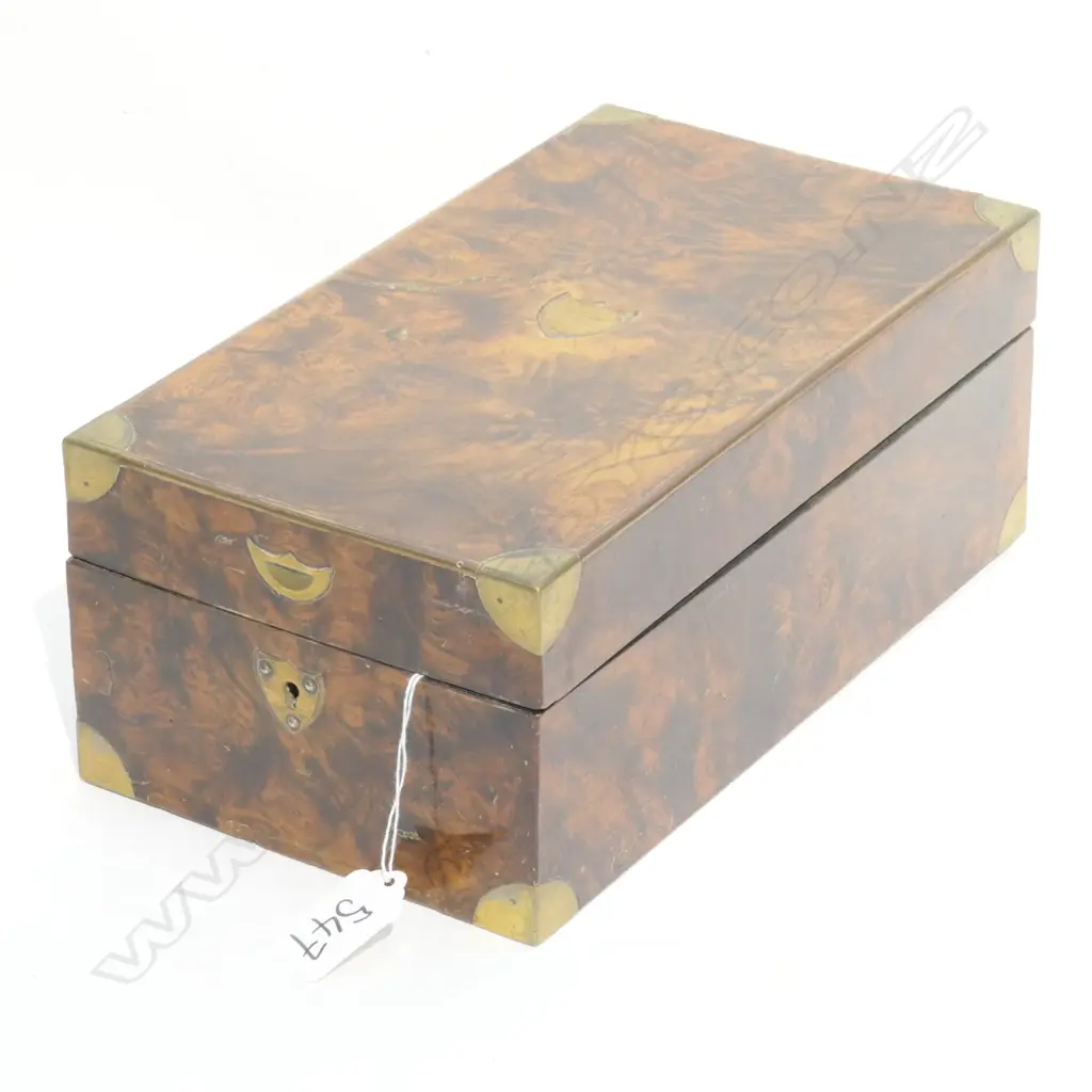 EARLY 20THC FRENCH WALNUT TRAVELLING BOX, BRASS BOUND, W. 260MM Image 1++