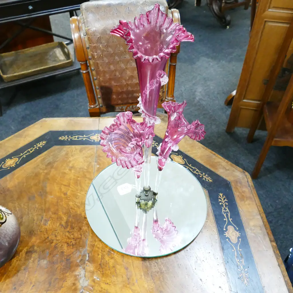 RUBY GLASS 3 STEMMED EPERGNE WITH MIRROR BASE H. 460MM Image 1++