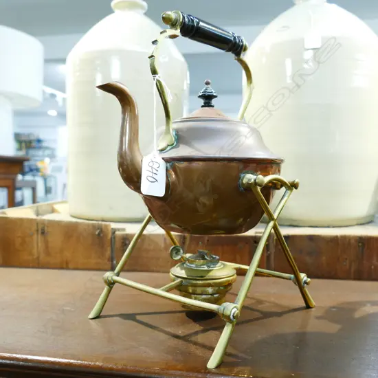 PEWTER SAMOVAR AND BRASS TEAPOT ON STAND