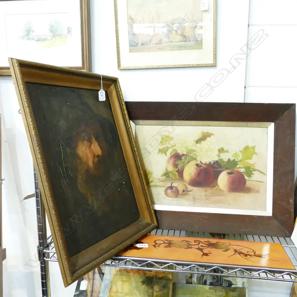 DISTRESSED OIL PORTRAIT OF A MAN 320 X 450 MM WITH A SMALLER STILL LIFE Image 1++