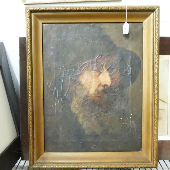DISTRESSED OIL PORTRAIT OF A MAN 320 X 450 MM WITH A SMALLER STILL LIFE