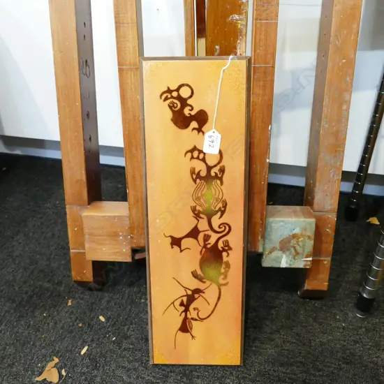 MOUNTED ENAMEL PANEL - WITH MAORI ROCK PAINTING MOTIFS 