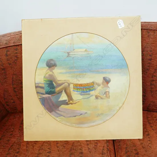 SIGNED LANDSCAPE BEACH SCENE OIL PAINTING DIA. 400MM