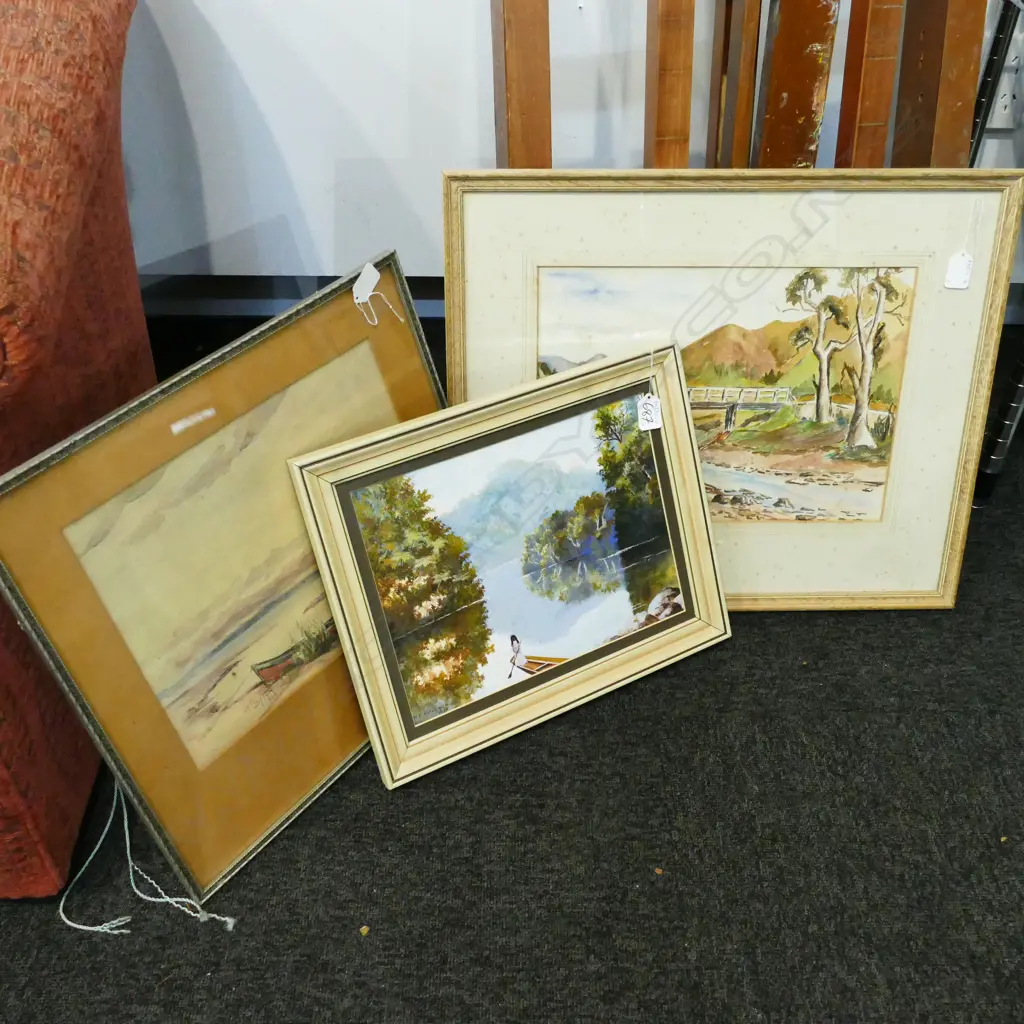 3 ARTWORKS: W.K.HUTCHINSON GOUACHE RIVER SCENE; M.HOLMES W/C BRIDGE; J.H.MAYTON W/C COASTAL  Image 1++