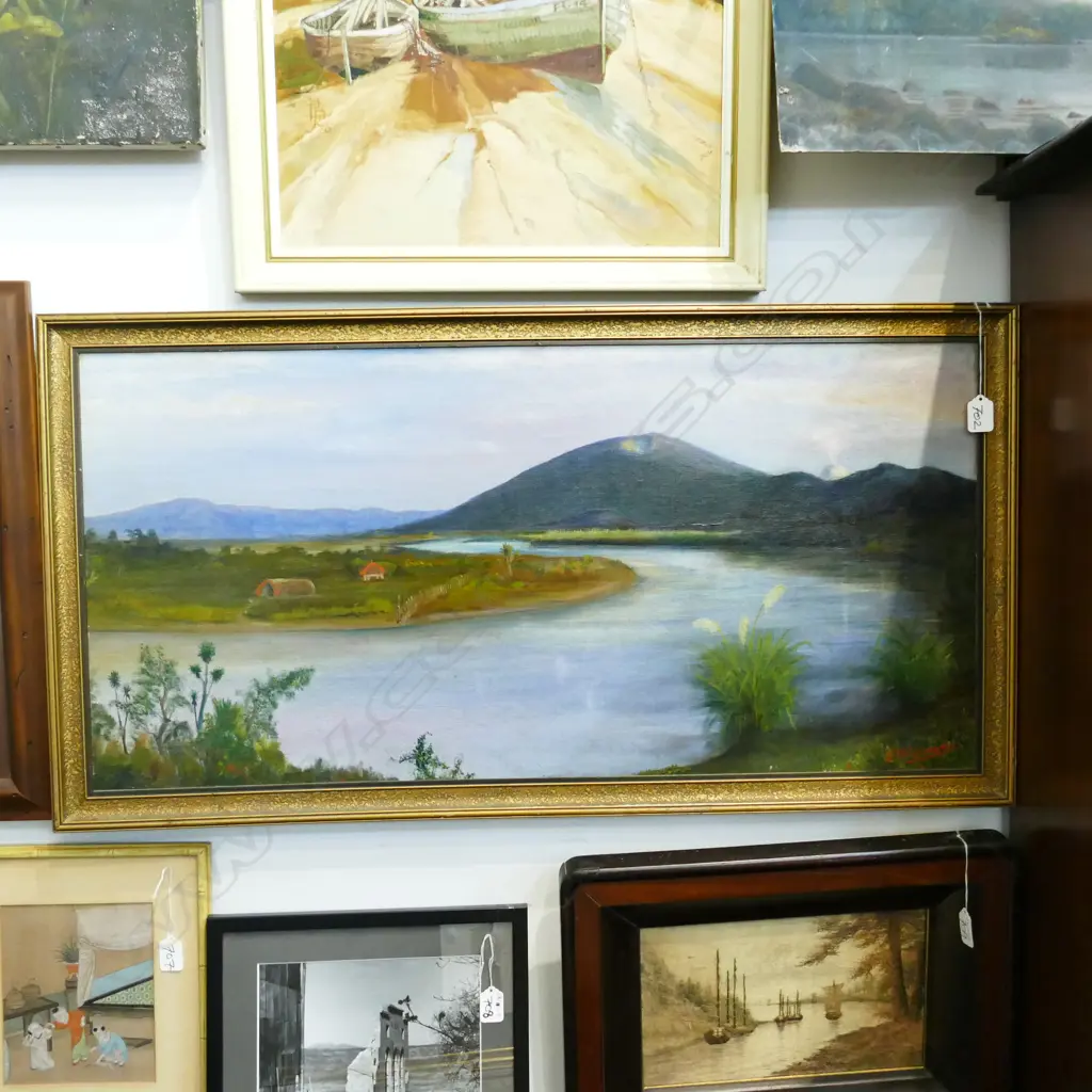 E MCSWEENEY OIL PAINTING - MAORI VILLAGE ON THE TONGARIRO H. 430 X W. 900 Image 1++
