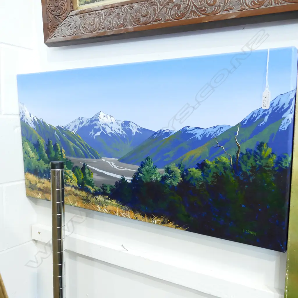 L STACEY OIL ON CANVAS N.Z SCENE 380 X 760 MM Image 1++