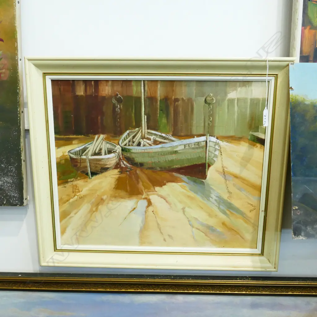 OIL PAINTING OF BOATS - MONOGRAMMED H. 440 W. 360MM Image 1++