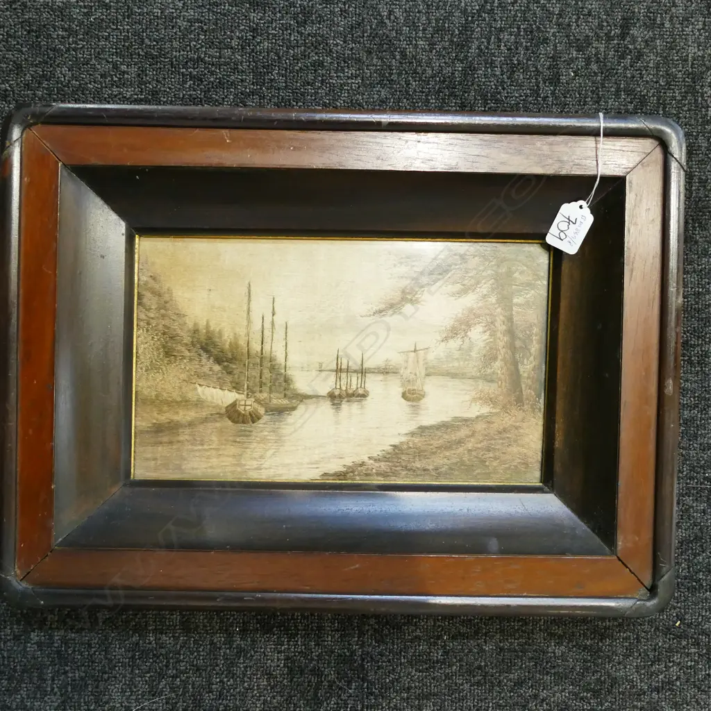 FRAMED JAPANESE SILK RIVER SCENE 460 X 340 MM Image 1++