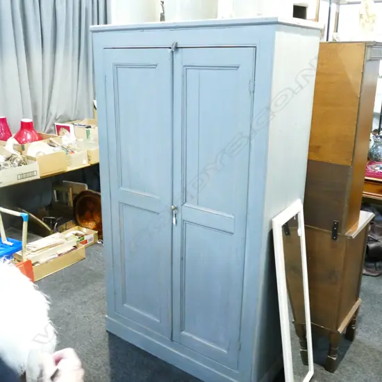 19THC PAINTED PINE CUPBOARD BLUE/GREY 2 DOOR
