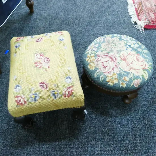 2 VINTAGE NEEDLEWORK FOOTSTOOLS
