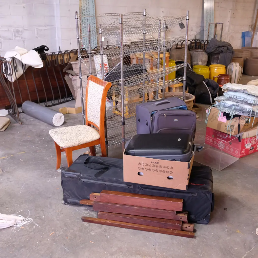 TWO WIRE SHELVING UNITS H.1560 + 2 SUITCASES / SIDE CHAIR ETC Image 1++