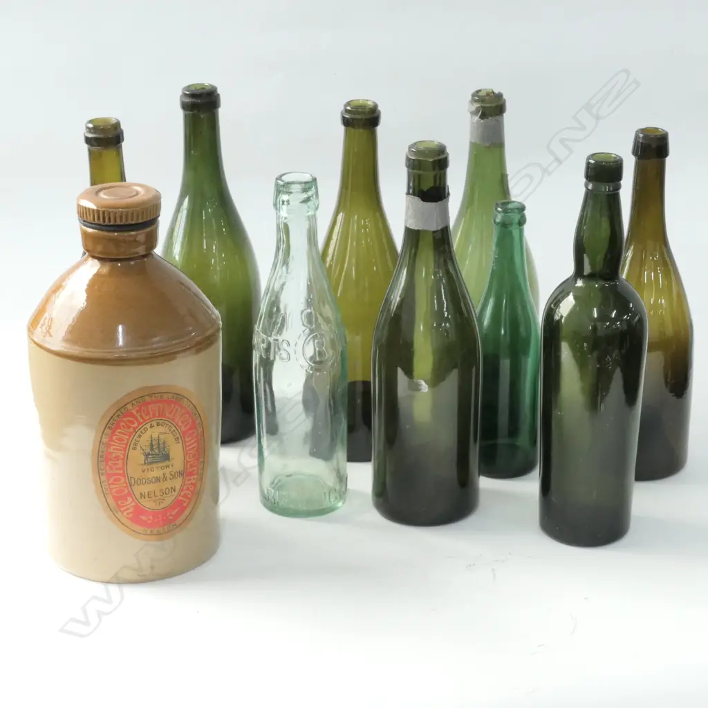 BOX ASST GLASS BOTTLES AND STONE CROCK Image 1++