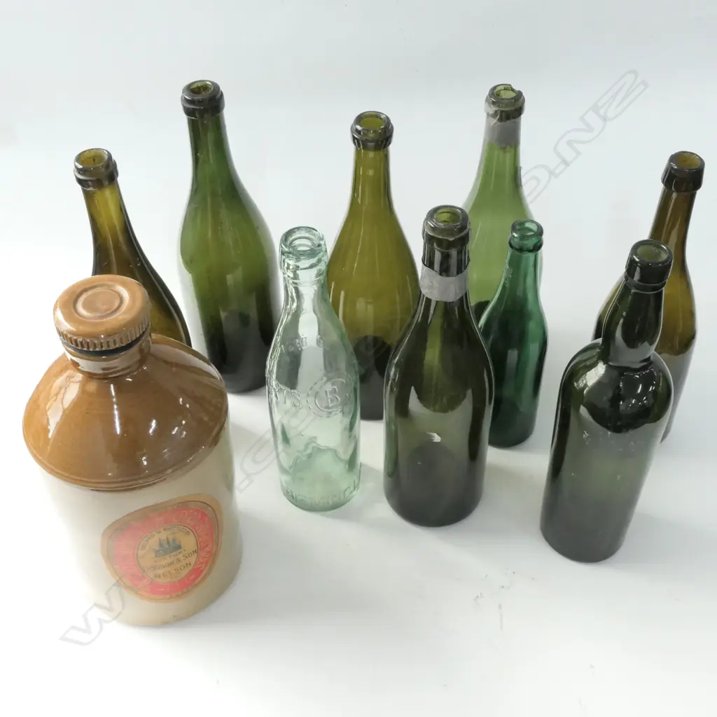 BOX ASST GLASS BOTTLES AND STONE CROCK Image 1++
