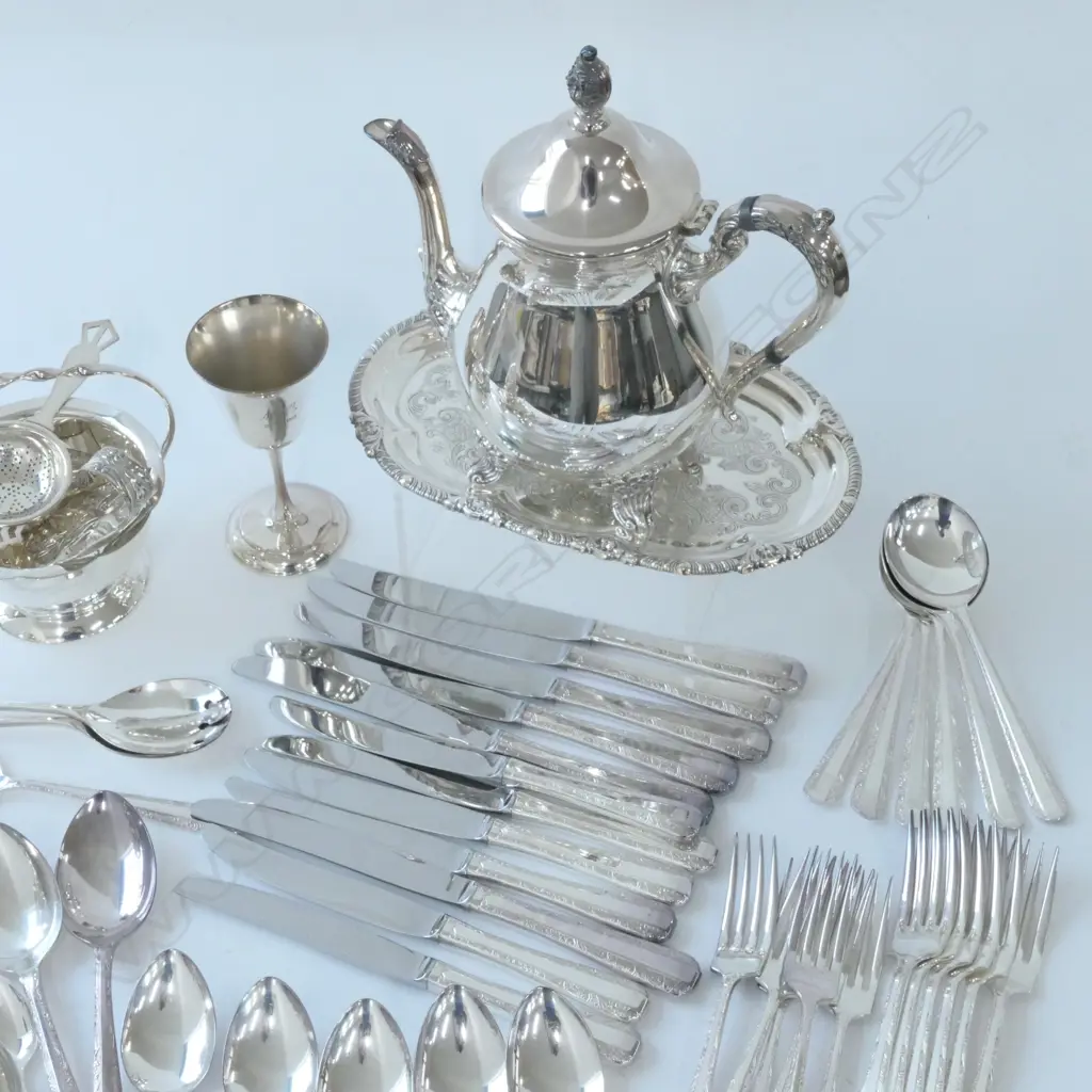 LOT ASST EPNS; RODD CUTLERY, COFFEE POT, TRAYS ETC Image 1++