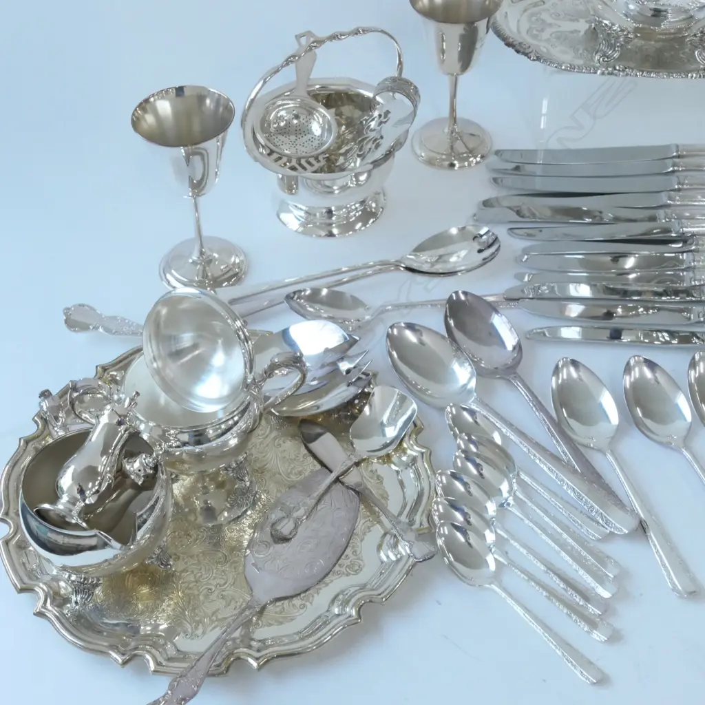 LOT ASST EPNS; RODD CUTLERY, COFFEE POT, TRAYS ETC Image 1++